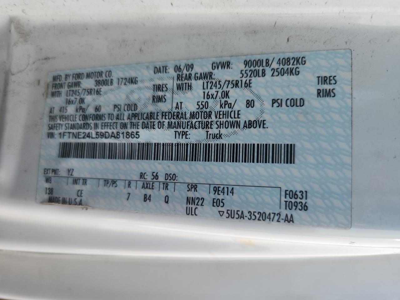 2009 Ford Econoline E250 Van VIN: 1FTNE24L59DA81865 Lot: 80084255