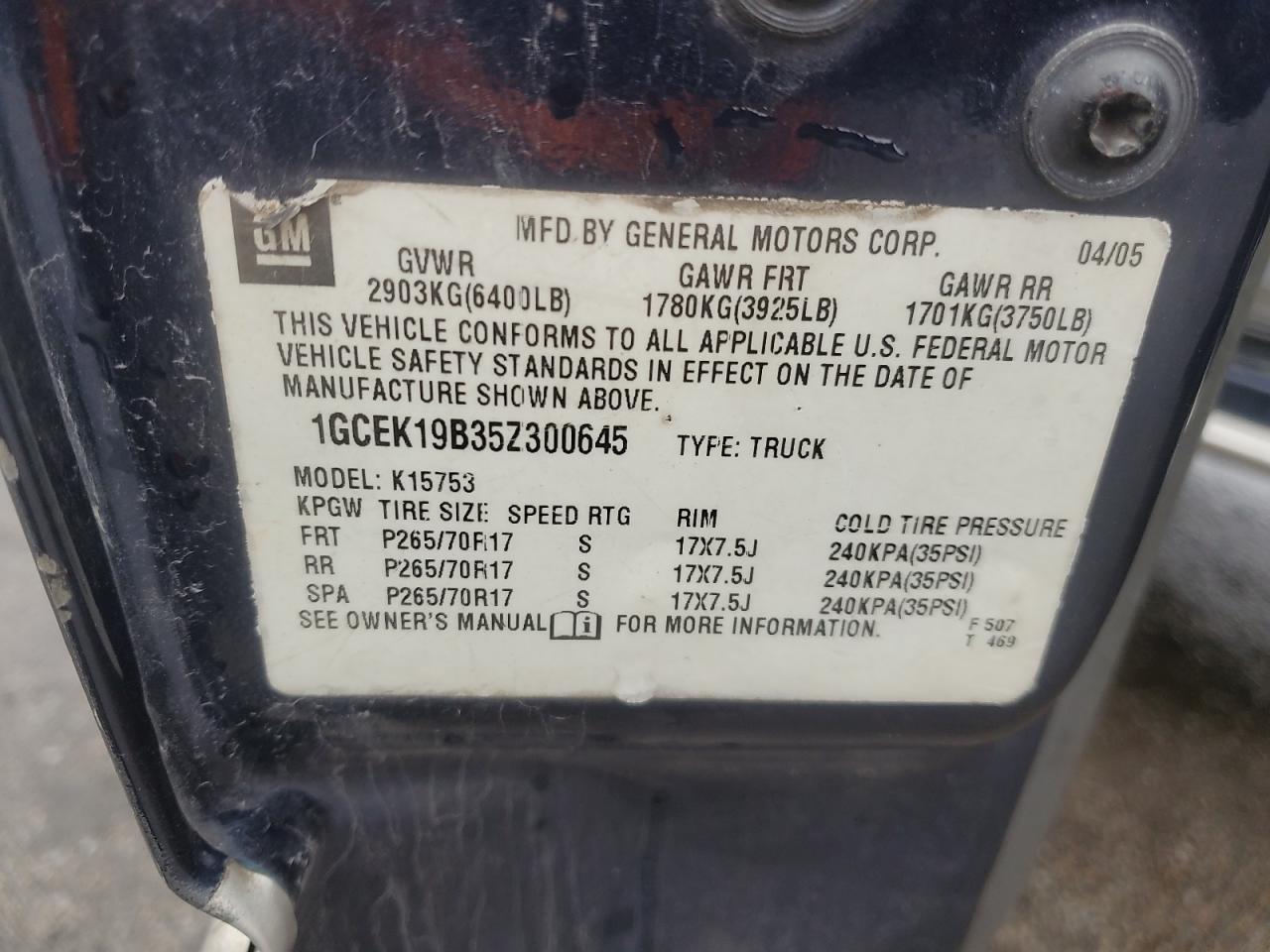 2005 Chevrolet Silverado K1500 VIN: 1GCEK19B35Z300645 Lot: 83926755