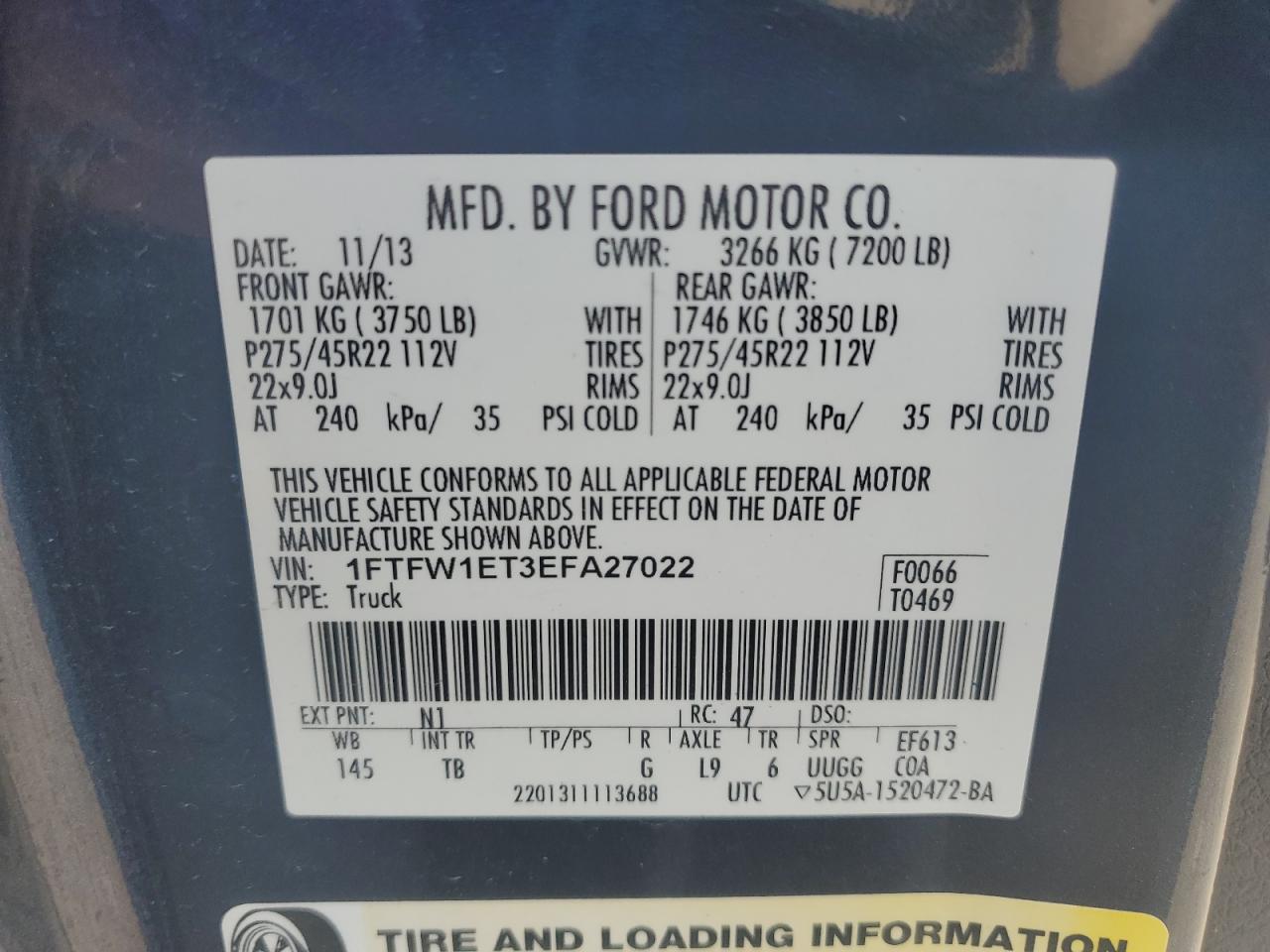 2014 Ford F150 Supercrew VIN: 1FTFW1ET3EFA27022 Lot: 80321095
