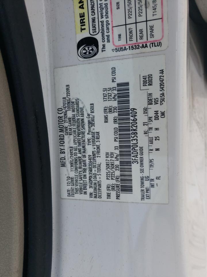 2011 Ford Fusion Hybrid VIN: 3FADP0L35BR206409 Lot: 70930685