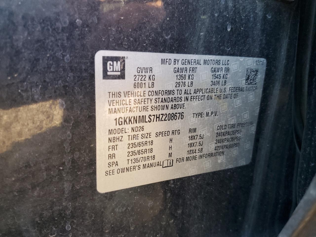 2017 GMC Acadia Slt-1 VIN: 1GKKNMLS7HZ208676 Lot: 80456905