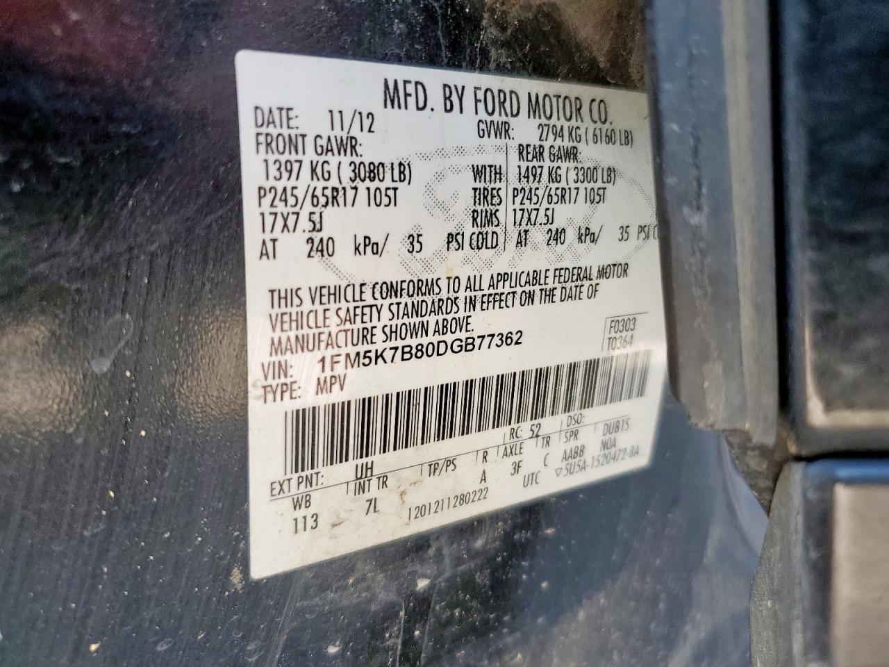 2013 Ford Explorer VIN: 1FM5K7B80DGB77362 Lot: 80271475