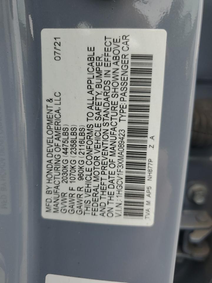 2021 Honda Accord Sport VIN: 1HGCV1F3XMA089423 Lot: 80673185