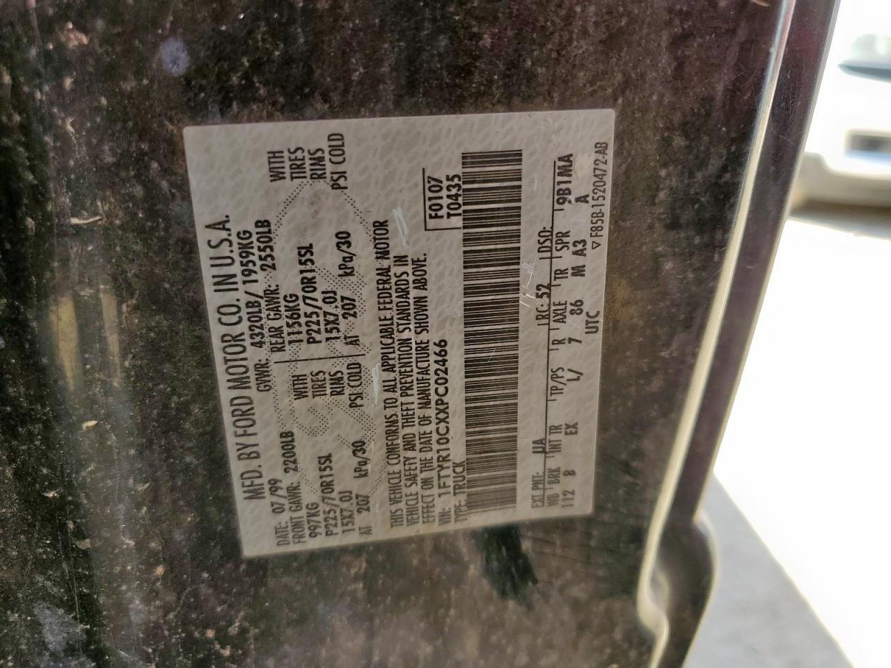 1999 Ford Ranger VIN: 1FTYR10CXXPC02466 Lot: 84212925