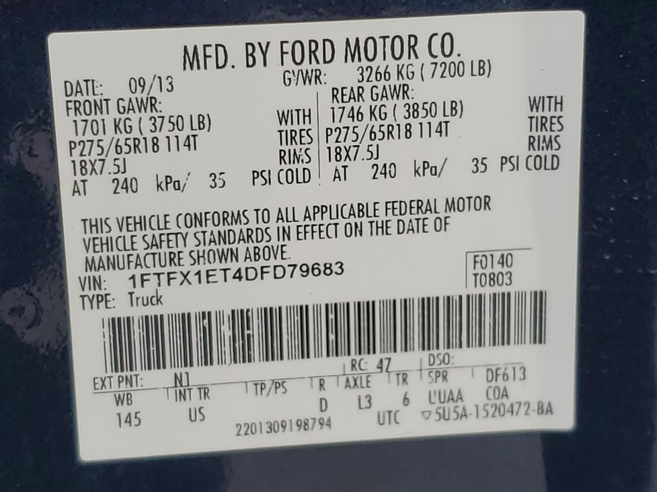 2013 Ford F150 Super Cab VIN: 1FTFX1ET4DFD79683 Lot: 71616305