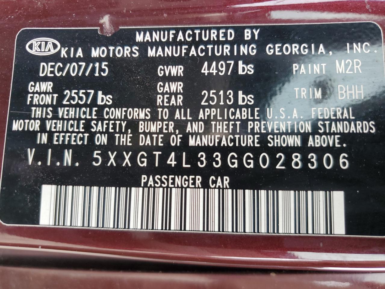 2016 Kia Optima Lx VIN: 5XXGT4L33GG028306 Lot: 81291435