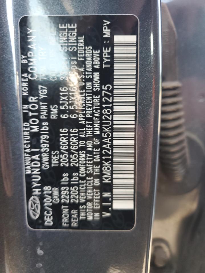 2019 Hyundai Kona Se VIN: KM8K12AA5KU281275 Lot: 71805855