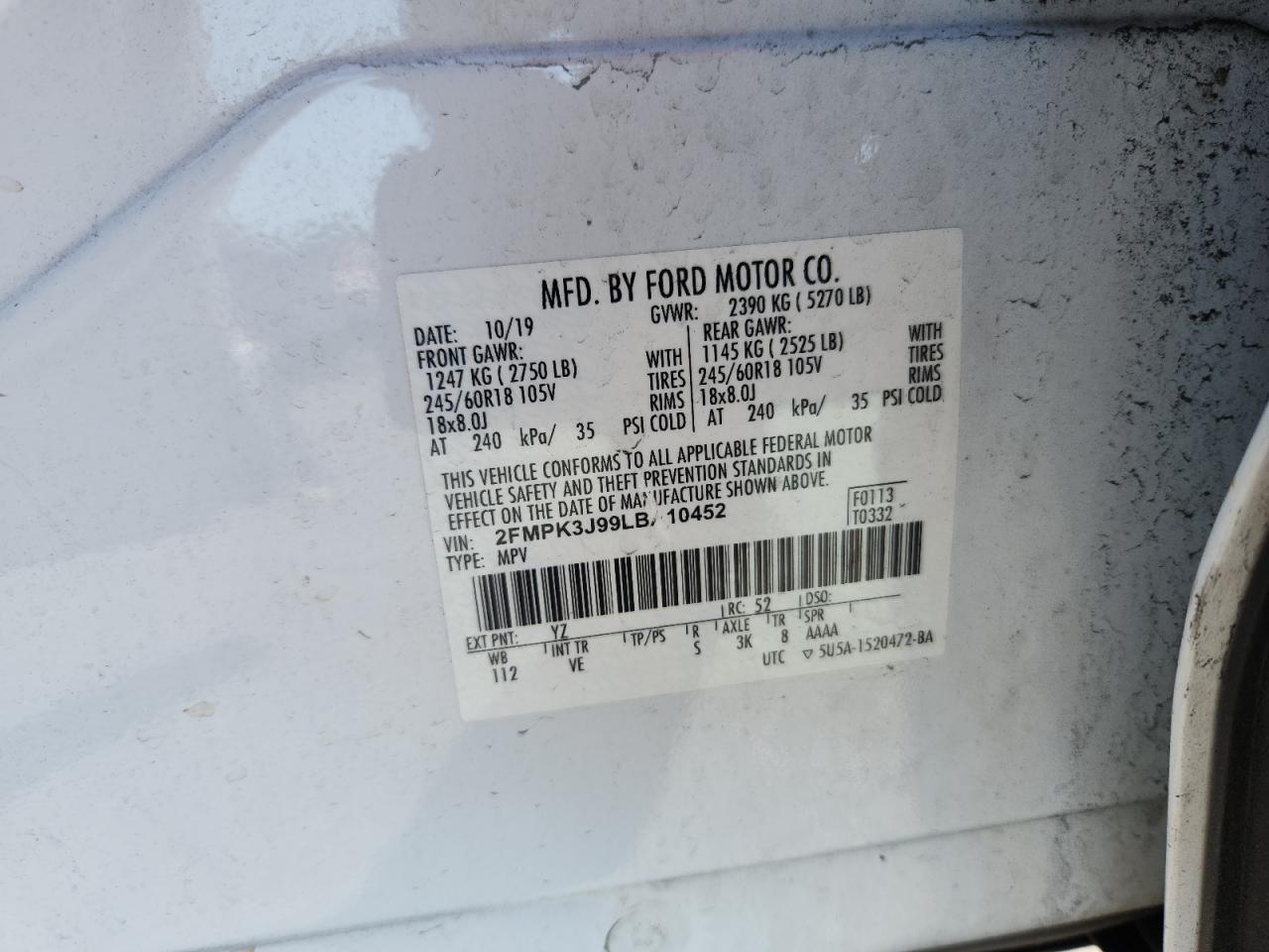 2020 Ford Edge Sel VIN: 2FMPK3J99LBA10452 Lot: 71899055