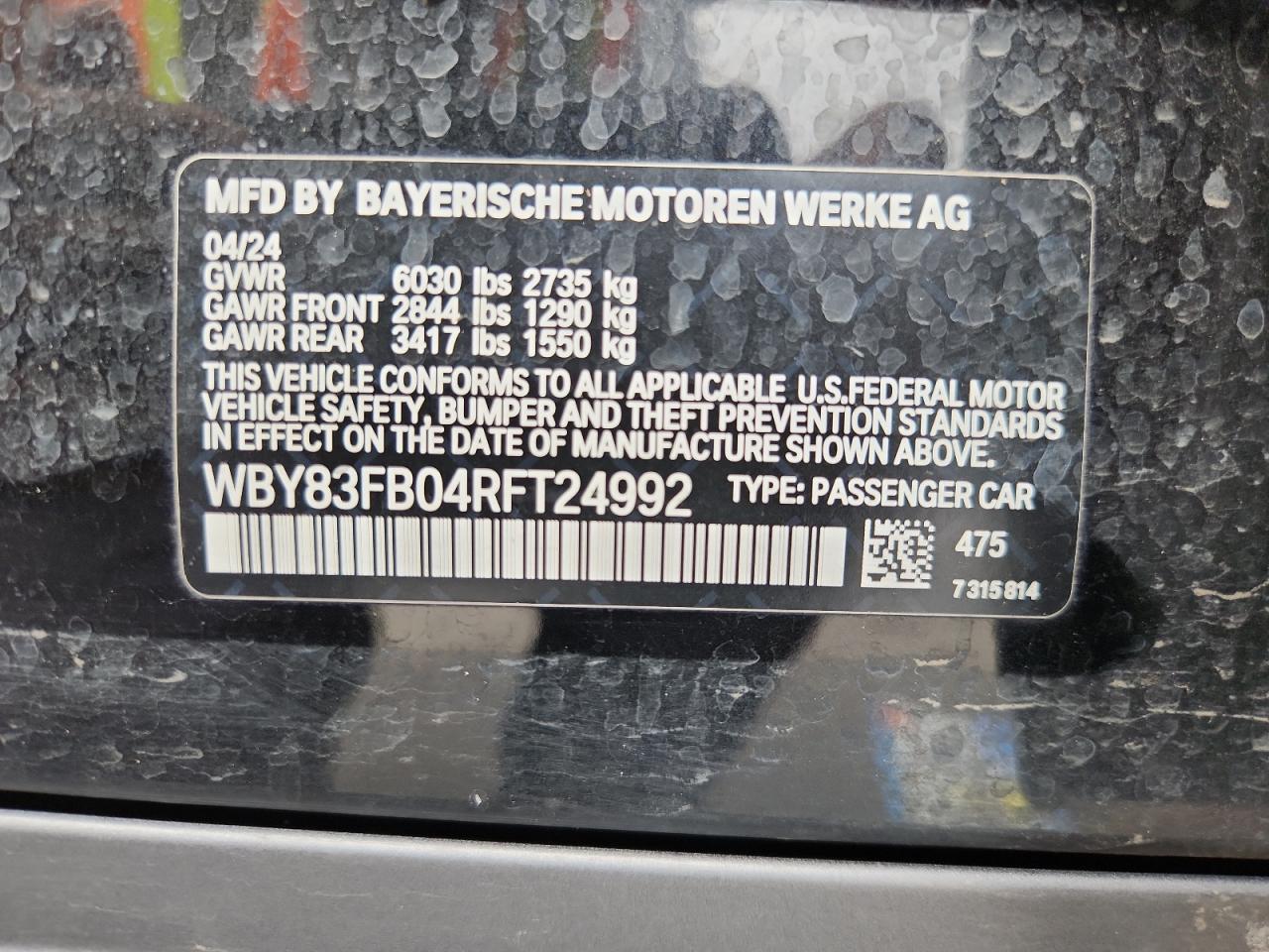 2024 BMW I4 xDrive 40 VIN: WBY83FB04RFT24992 Lot: 80898085