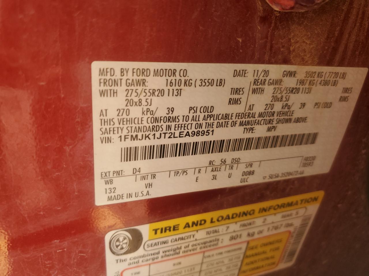 2020 Ford Expedition Max Xlt VIN: 1FMJK1JT2LEA98951 Lot: 70415665