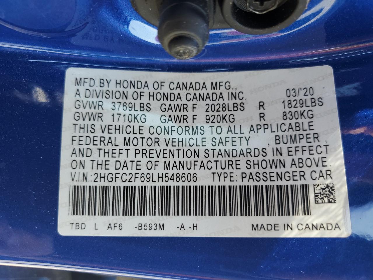 2020 Honda Civic Lx VIN: 2HGFC2F69LH548606 Lot: 80911665