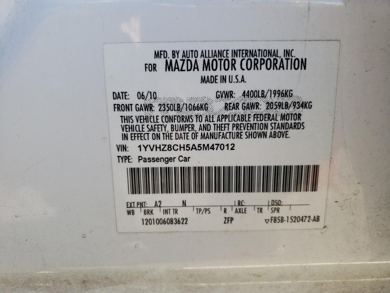 2010 Mazda 6 I VIN: 1YVHZ8CH5A5M47012 Lot: 80378925