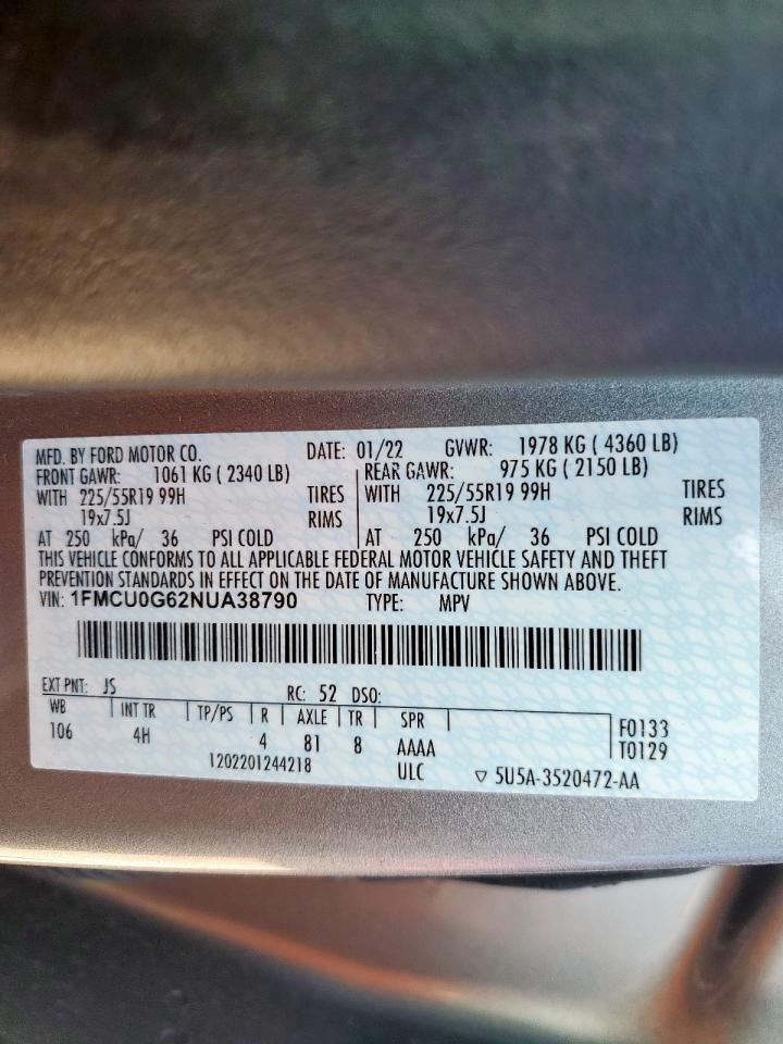 2022 Ford Escape Se VIN: 1FMCU0G62NUA38790 Lot: 71785745