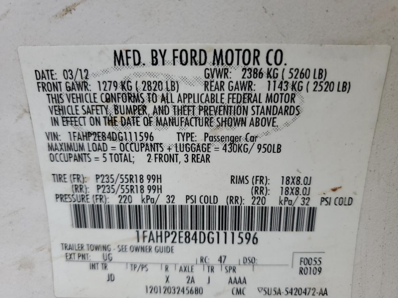 2013 Ford Taurus Sel VIN: 1FAHP2E84DG111596 Lot: 81307115
