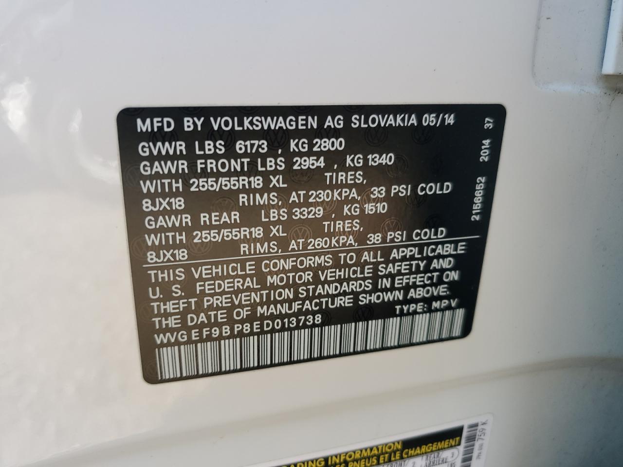 2014 Volkswagen Touareg V6 VIN: WVGEF9BP8ED013738 Lot: 71604365