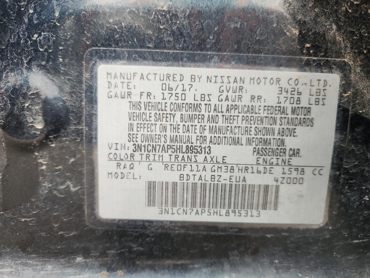 2017 Nissan Versa S VIN: 3N1CN7AP5HL895313 Lot: 81854685