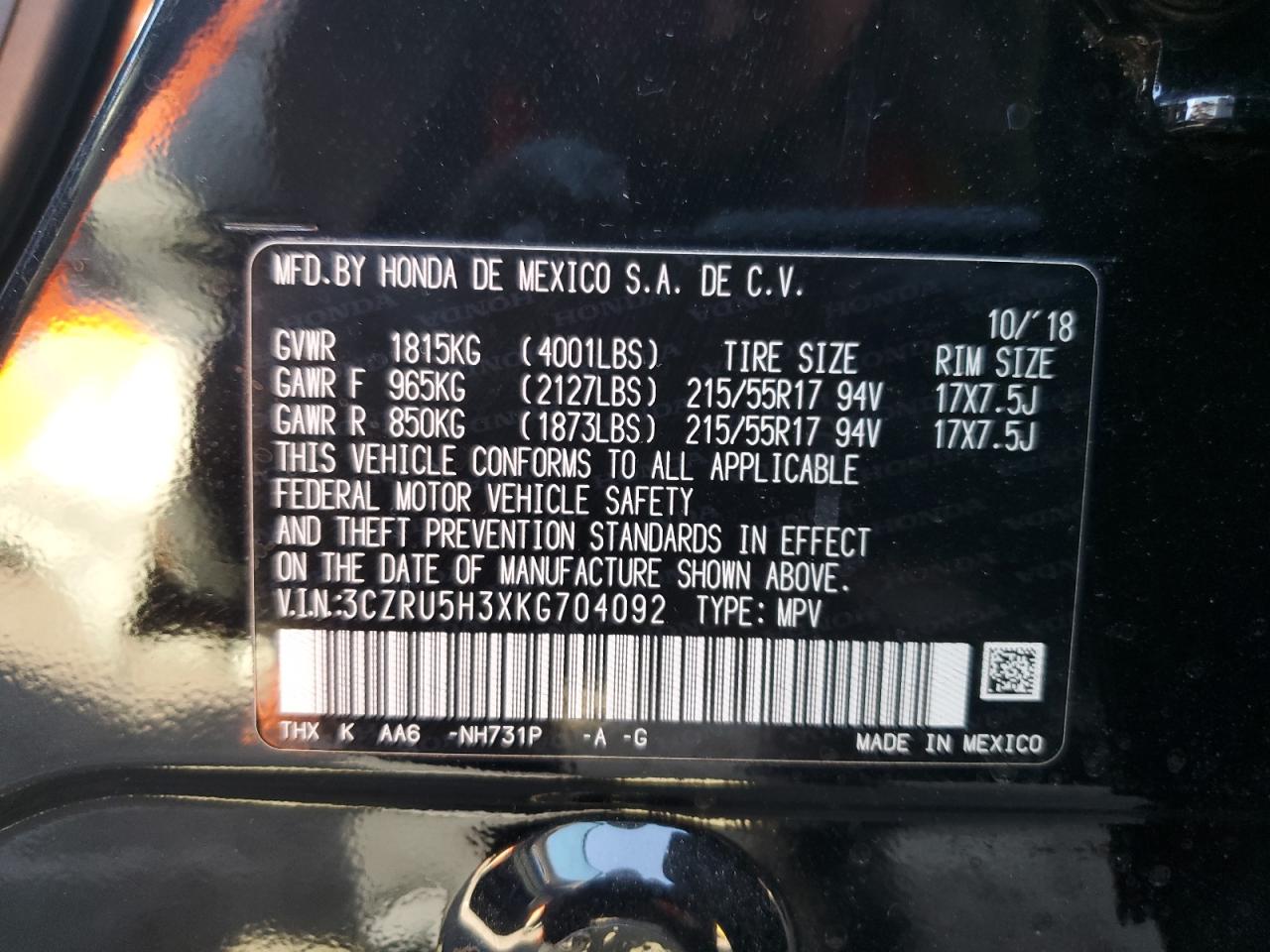 2019 Honda Hr-V Lx VIN: 3CZRU5H3XKG704092 Lot: 72040735