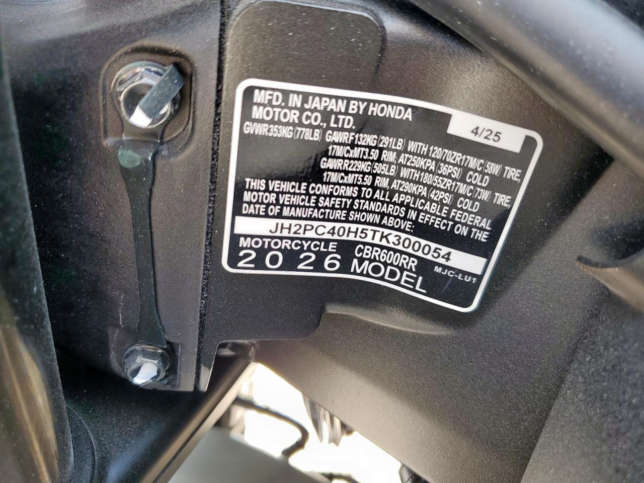 2026 Honda Cbr600 Rr VIN: JH2PC40H5TK300054 Lot: 81146995