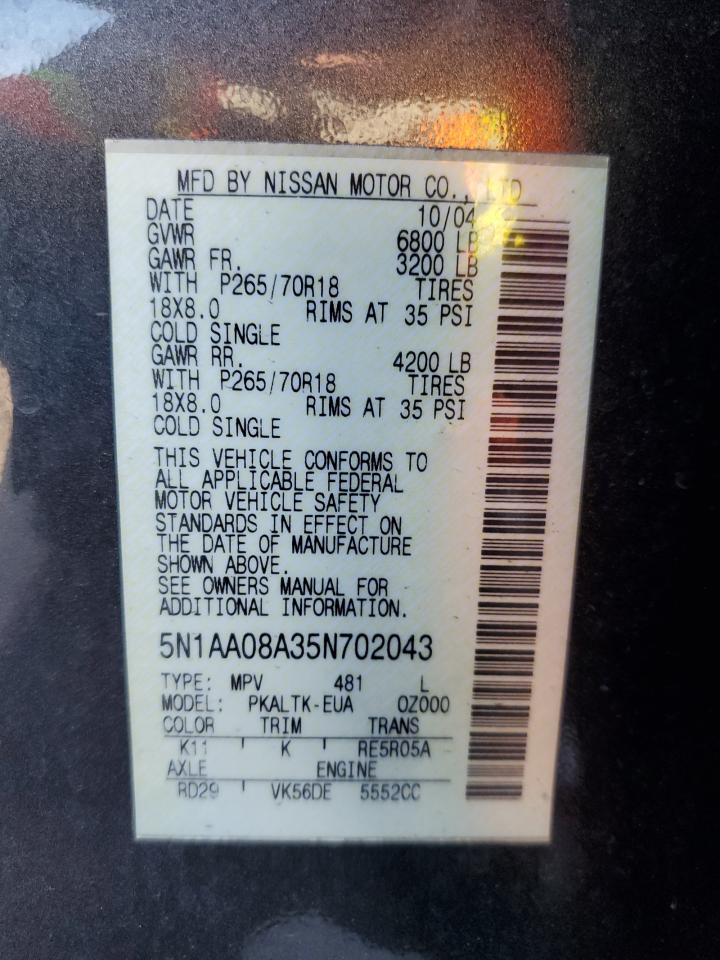 2005 Nissan Armada Se VIN: 5N1AA08A35N702043 Lot: 83984945