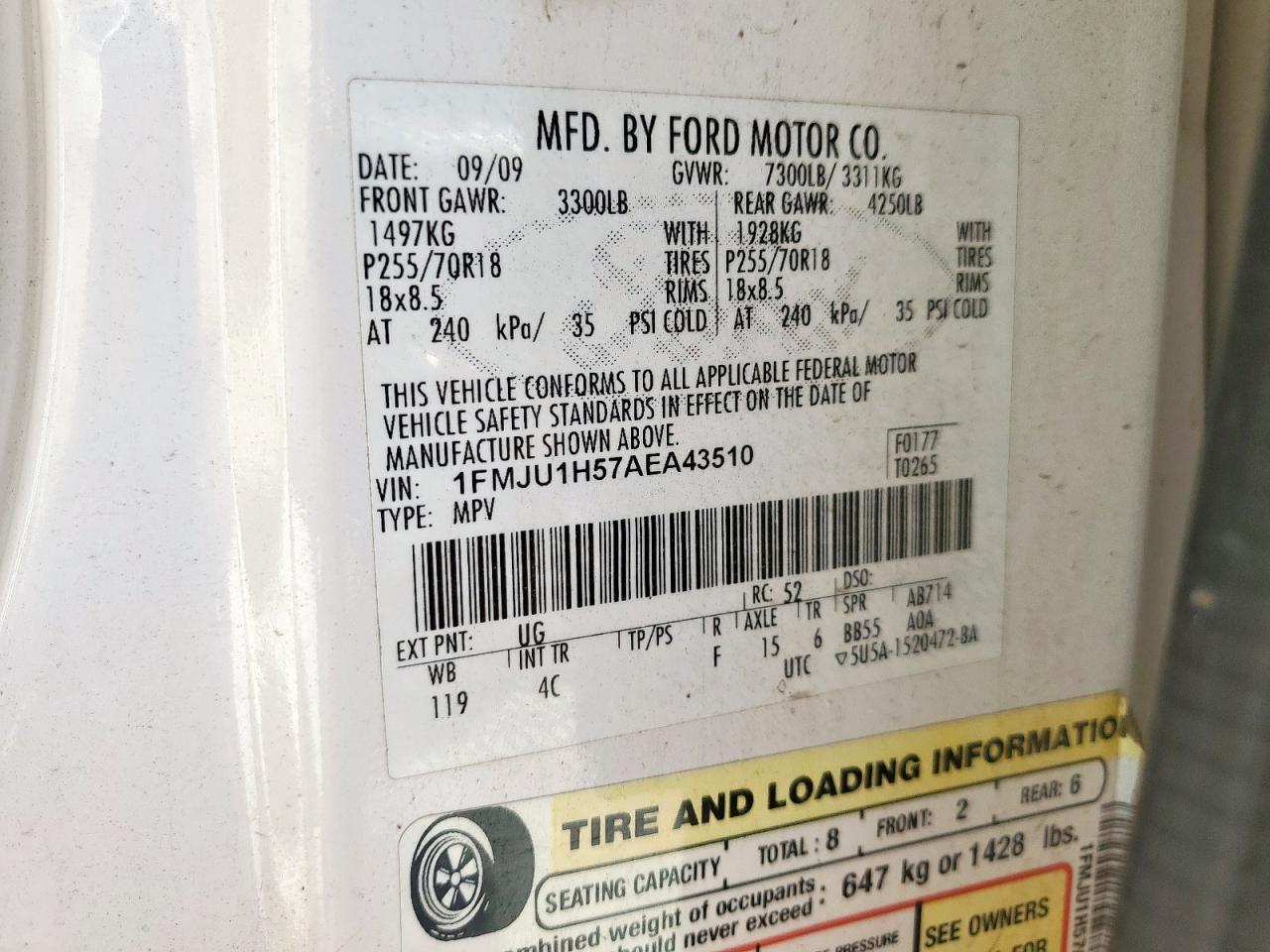 2010 Ford Expedition Eddie Bauer VIN: 1FMJU1H57AEA43510 Lot: 71174525