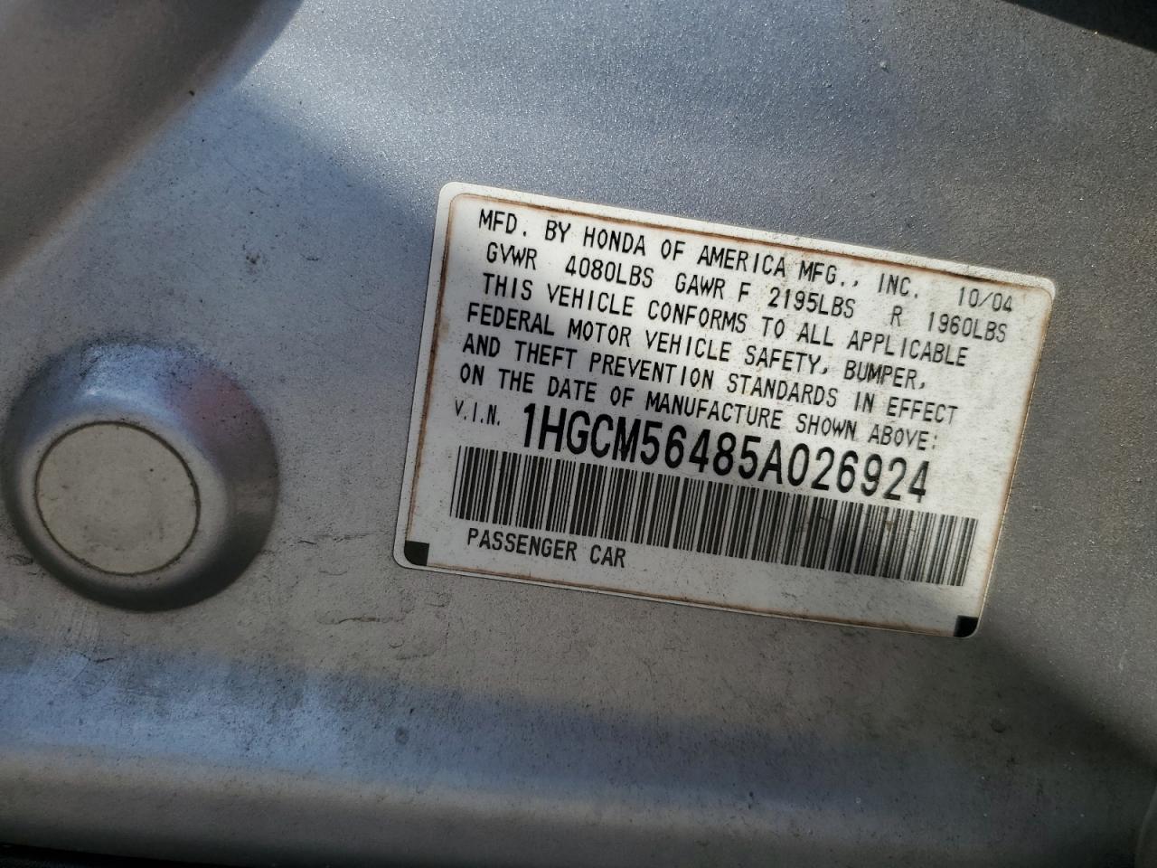 2005 Honda Accord Lx VIN: 1HGCM56485A026924 Lot: 71842155