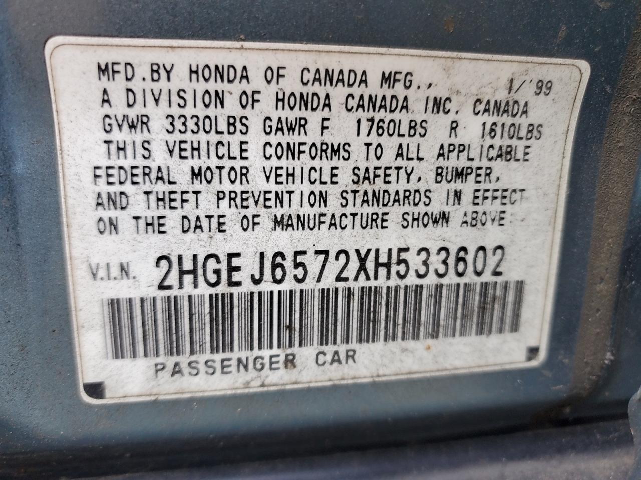 1999 Honda Civic Lx VIN: 2HGEJ6572XH533602 Lot: 80522085