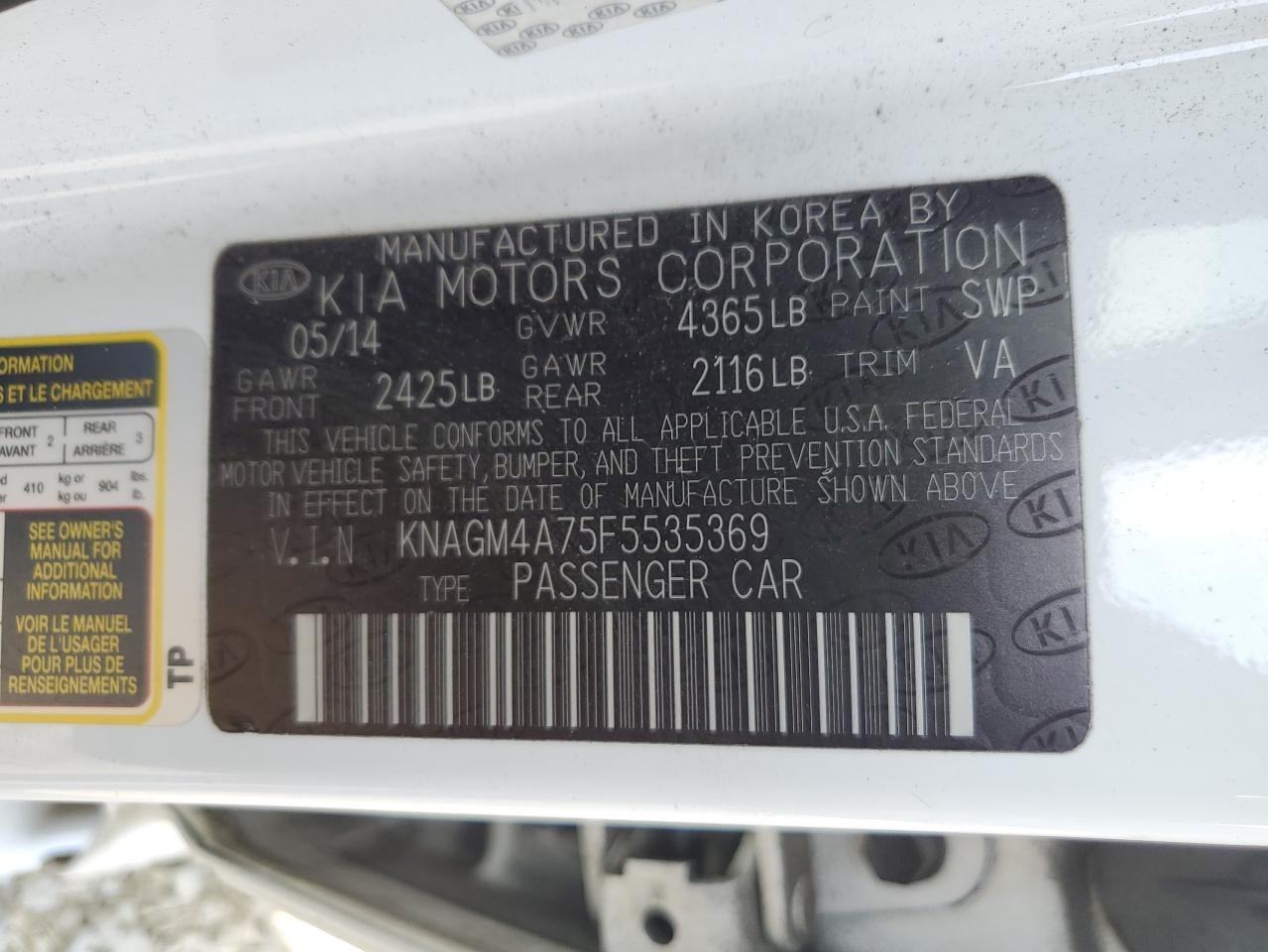 2015 Kia Optima Lx VIN: KNAGM4A75F5535369 Lot: 81656655