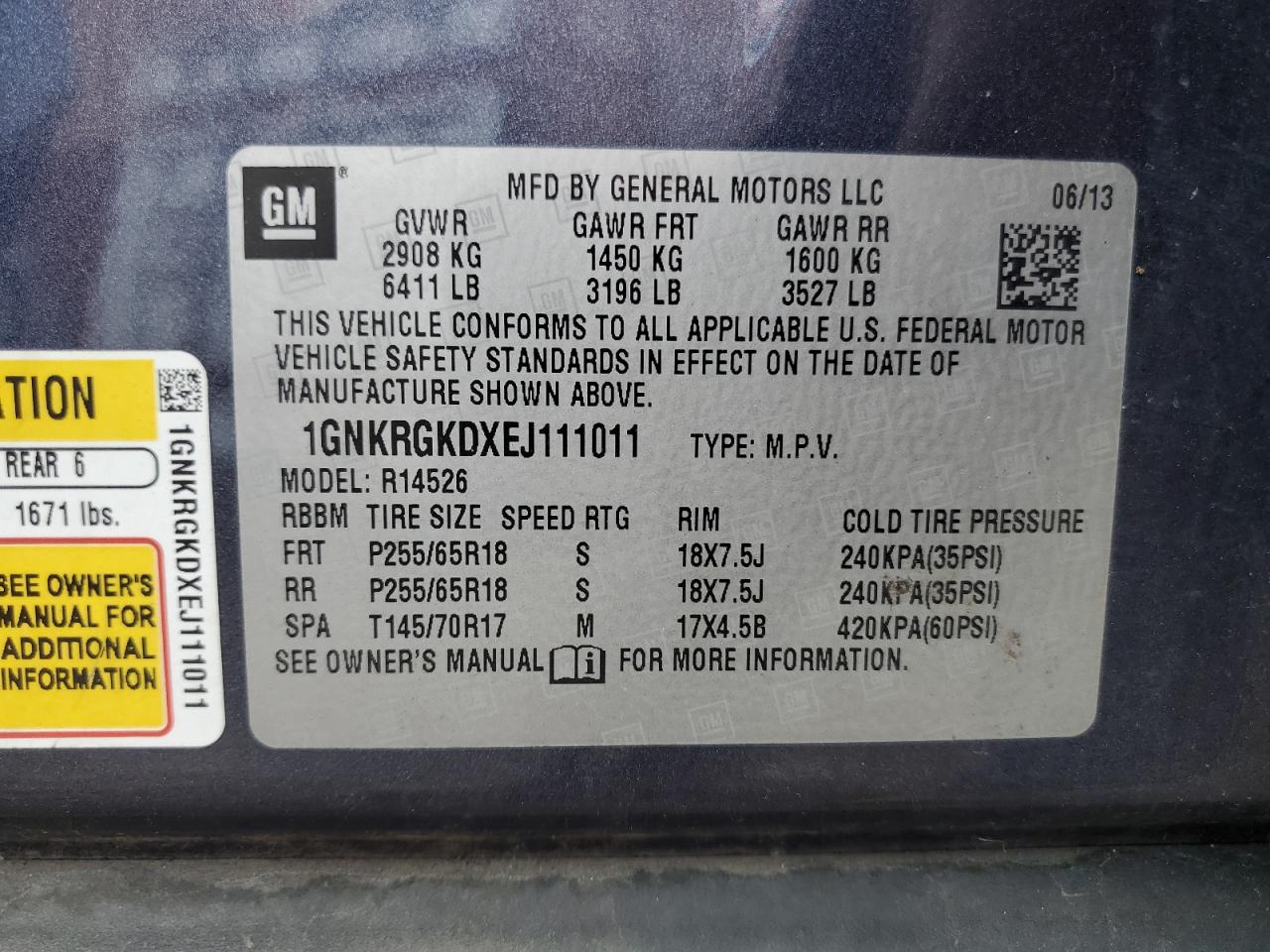 2014 Chevrolet Traverse Lt VIN: 1GNKRGKDXEJ111011 Lot: 81264485