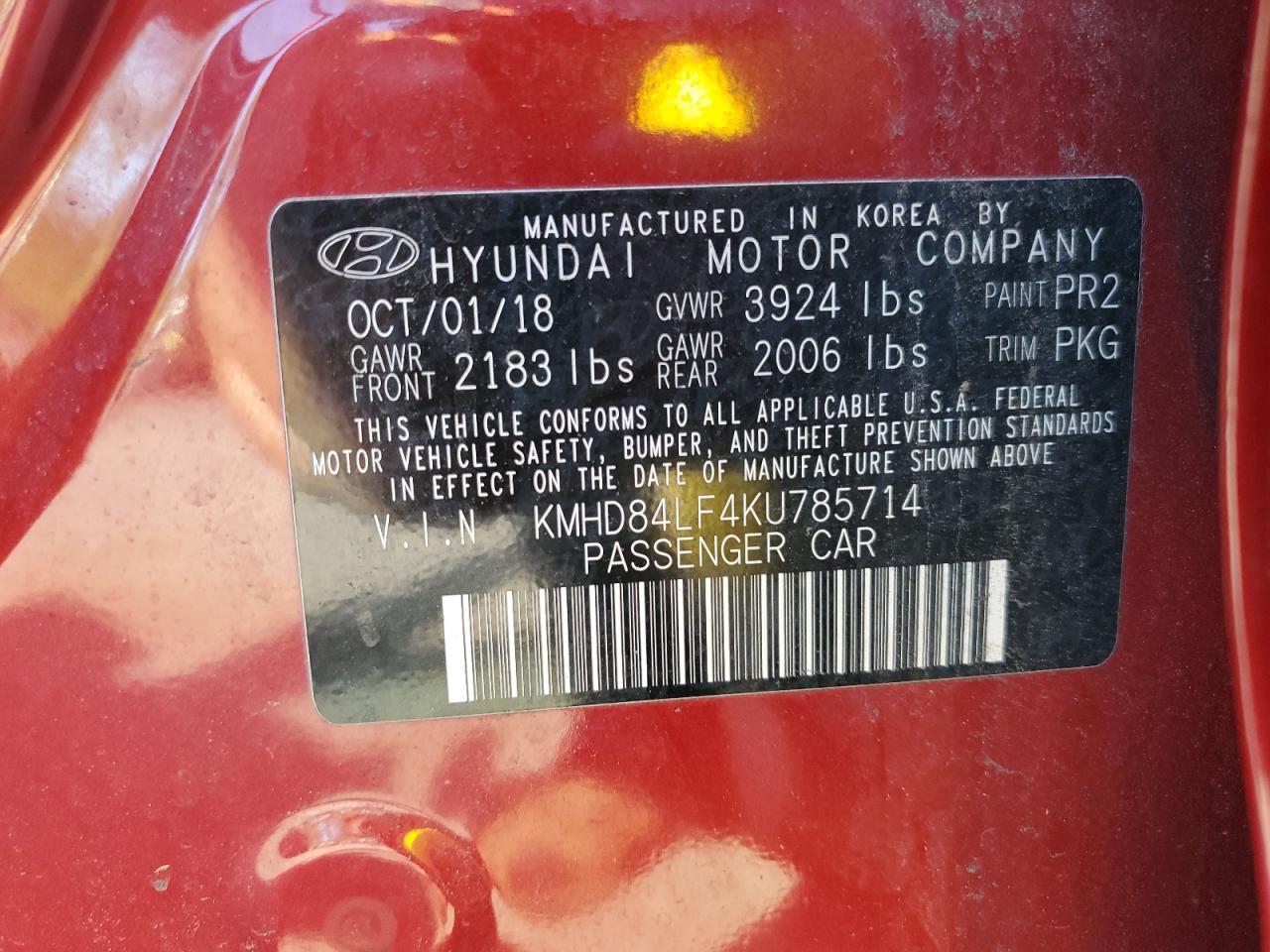 2019 Hyundai Elantra Sel VIN: KMHD84LF4KU785714 Lot: 80152035