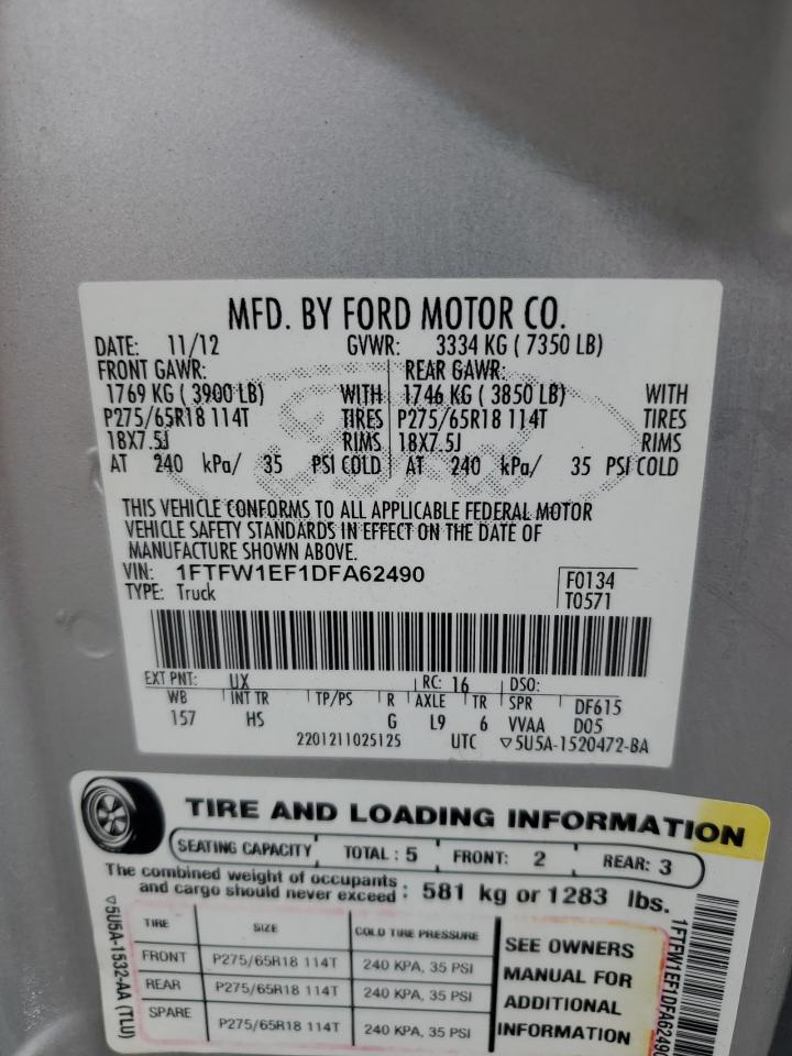 2013 Ford F150 Supercrew VIN: 1FTFW1EF1DFA62490 Lot: 84170535