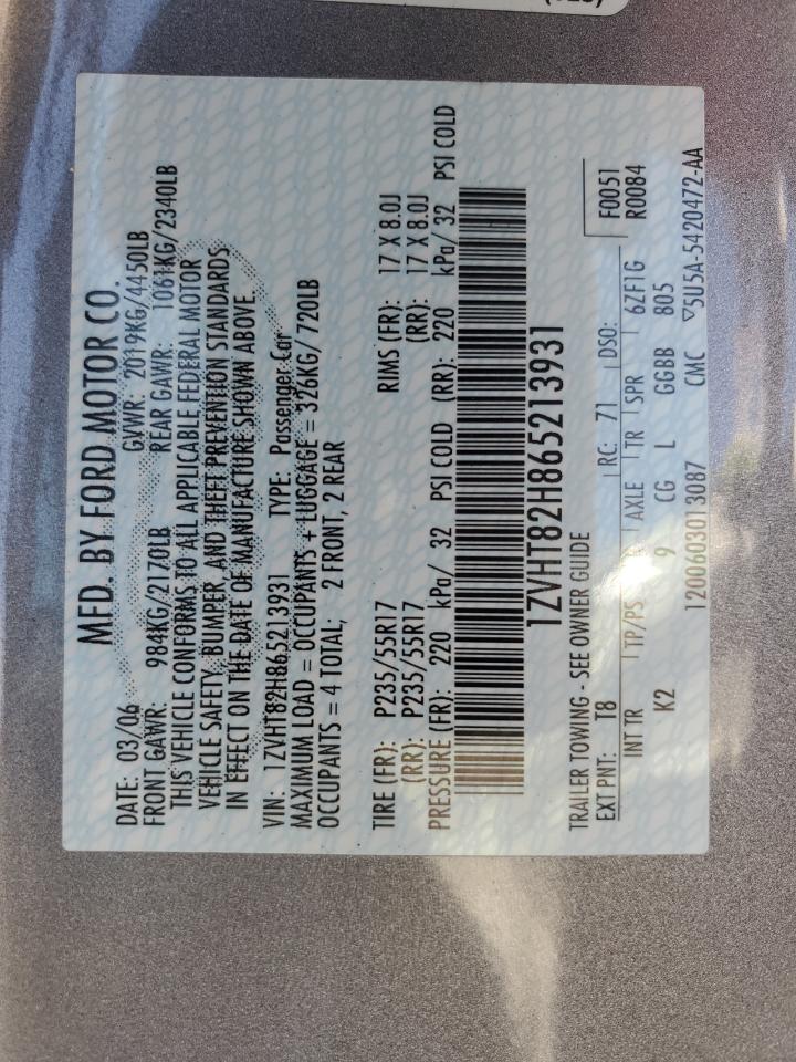 2006 Ford Mustang Gt VIN: 1ZVHT82H865213931 Lot: 81523825