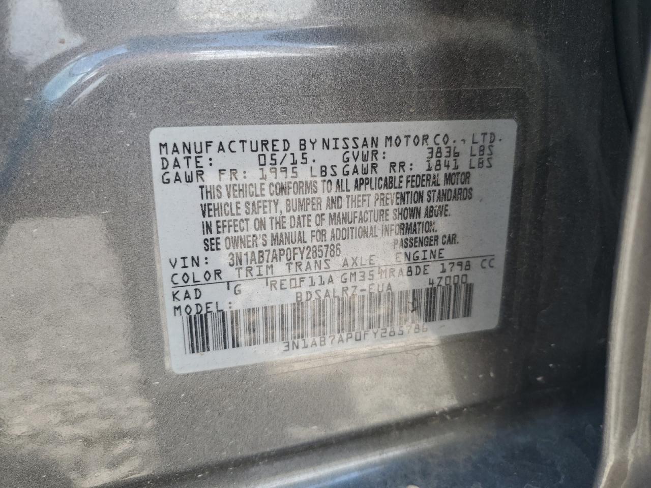 2015 Nissan Sentra S VIN: 3N1AB7AP0FY285786 Lot: 81567075