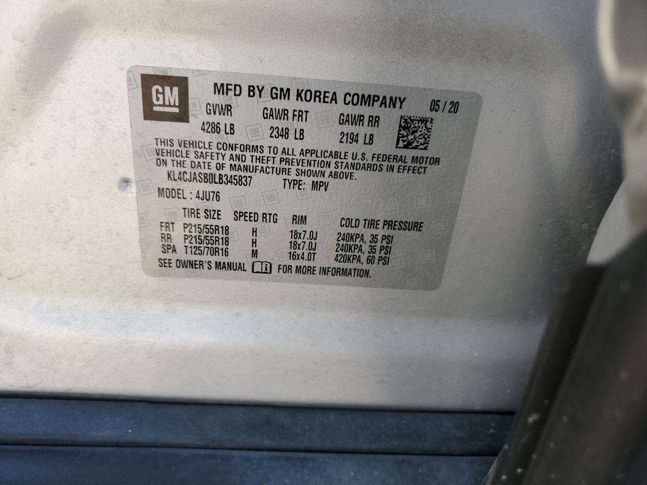 2020 Buick Encore Preferred VIN: KL4CJASB0LB345837 Lot: 81940775