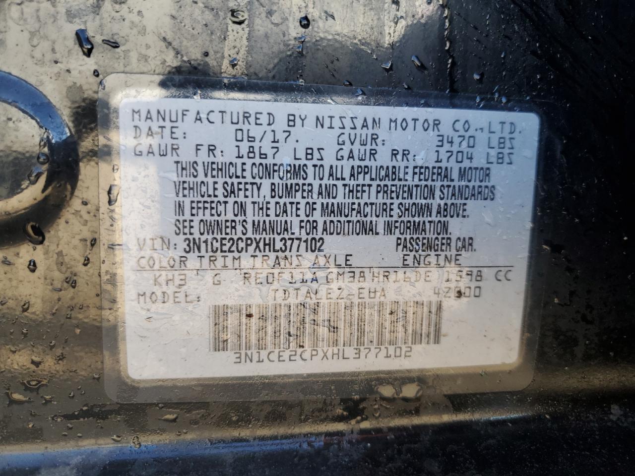 2017 Nissan Versa Note S VIN: 3N1CE2CPXHL377102 Lot: 70496145