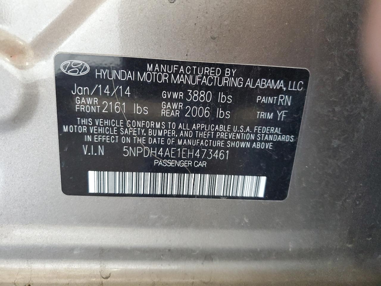 2014 Hyundai Elantra Se VIN: 5NPDH4AE1EH473461 Lot: 80428855