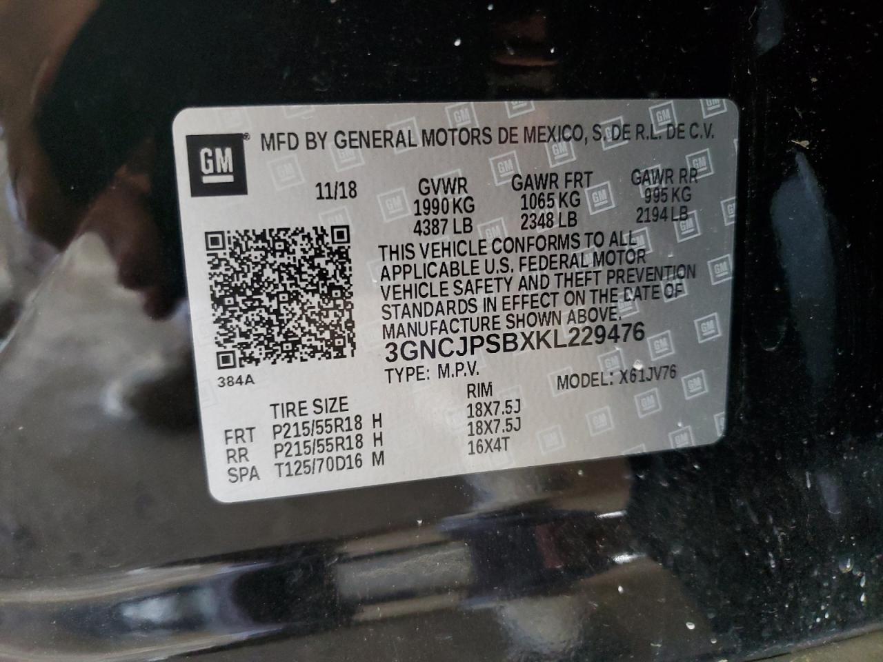 2019 Chevrolet Trax 1Lt VIN: 3GNCJPSBXKL229476 Lot: 83840625