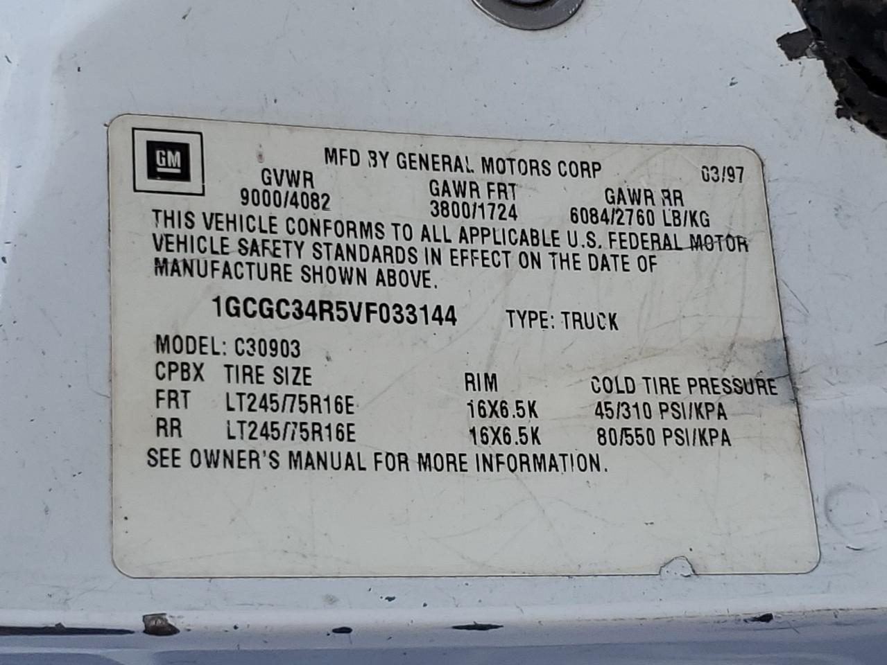 1997 Chevrolet Gmt-400 C3500 VIN: 1GCGC34R5VF033144 Lot: 81835645