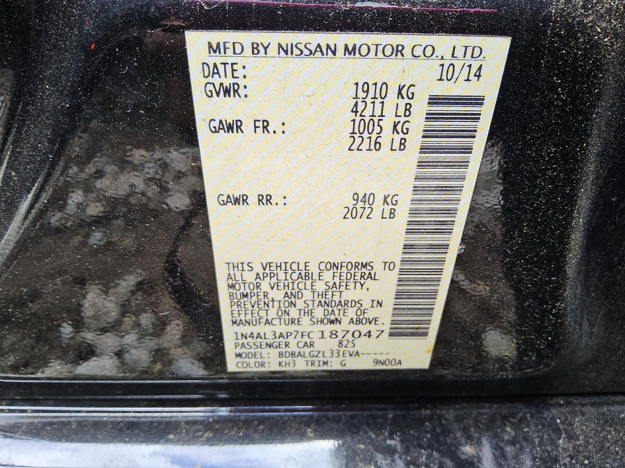 2015 Nissan Altima 2.5 VIN: 1N4AL3AP7FC187047 Lot: 83862975