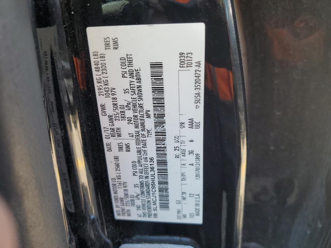 2017 Lincoln Mkc Premiere VIN: 5LMCJ1C95HUL36136 Lot: 81151185