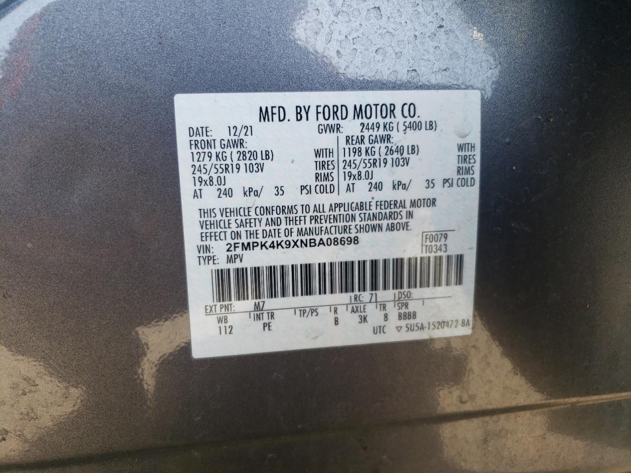 2022 Ford Edge Titanium VIN: 2FMPK4K9XNBA08698 Lot: 81279035