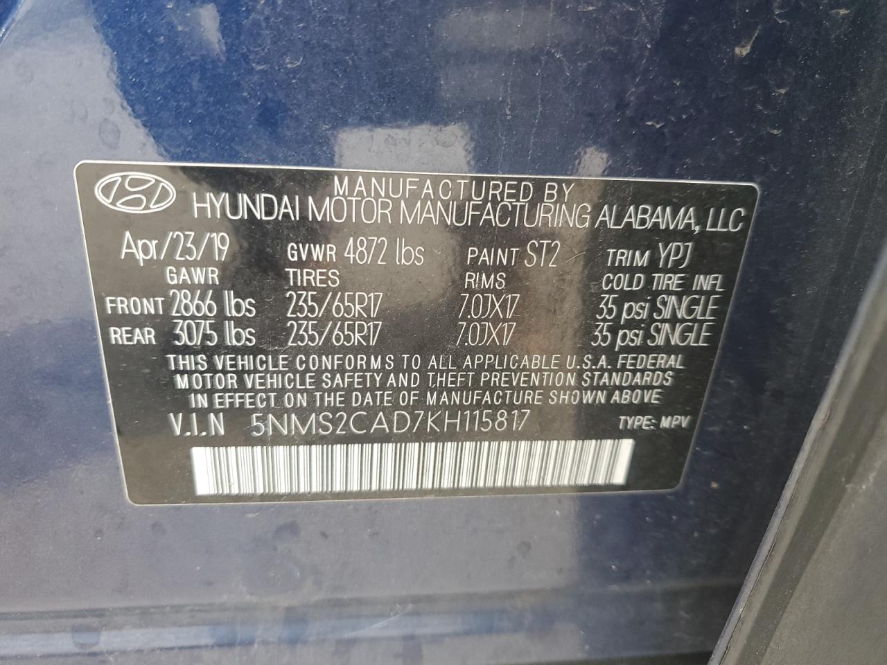 2019 Hyundai Santa Fe Se VIN: 5NMS2CAD7KH115817 Lot: 84187045