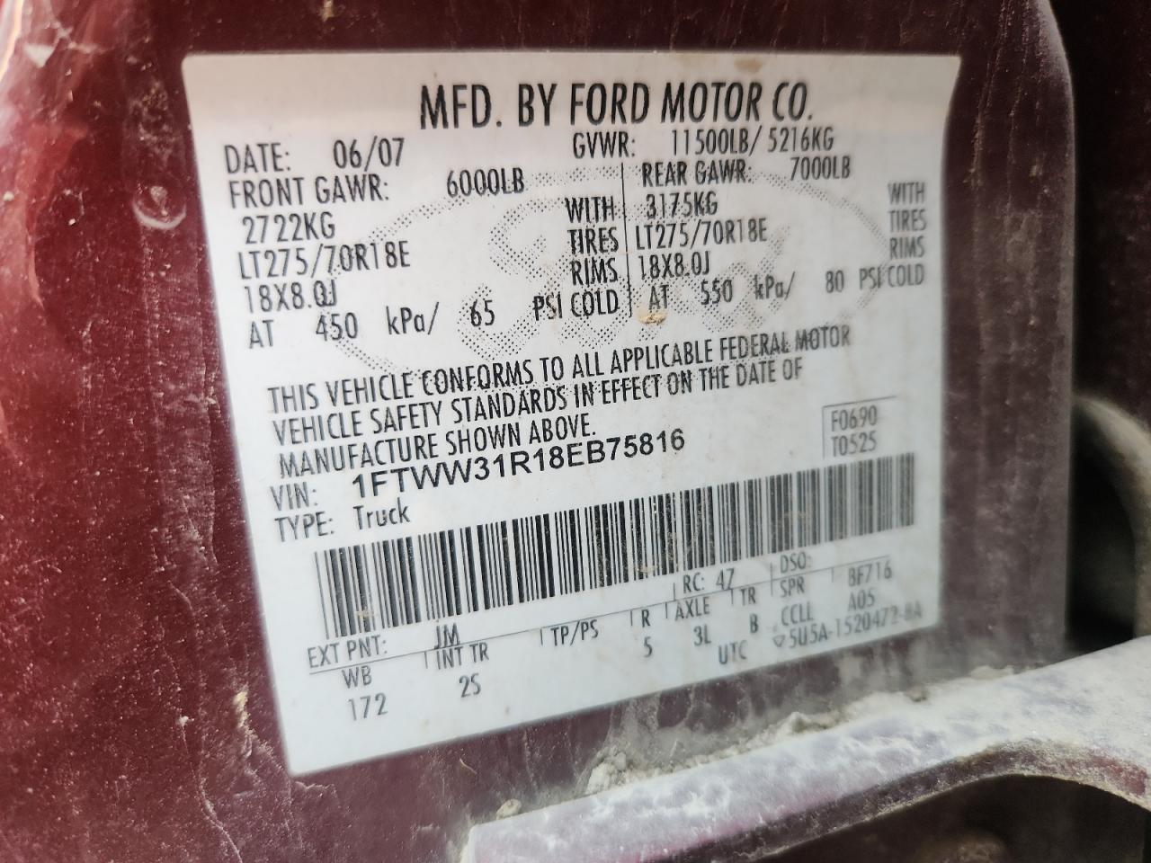 2008 Ford F350 Srw Super Duty VIN: 1FTWW31R18EB75816 Lot: 71848775