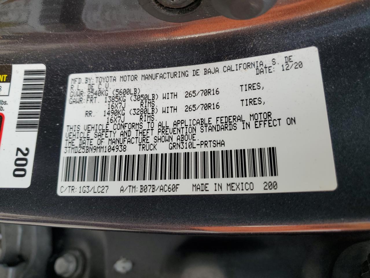 2021 Toyota Tacoma Double Cab VIN: 3TMDZ5BN9MM104938 Lot: 71601235