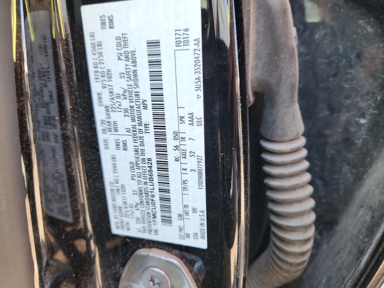 2020 Ford Escape S VIN: 1FMCU0F61LUB68428 Lot: 80306735