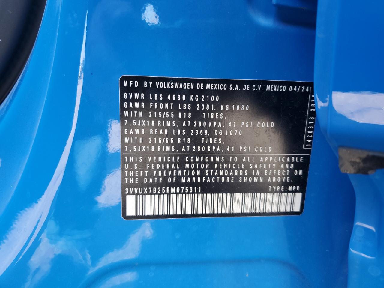 2024 Volkswagen Taos Se VIN: 3VVUX7B25RM075311 Lot: 80659845