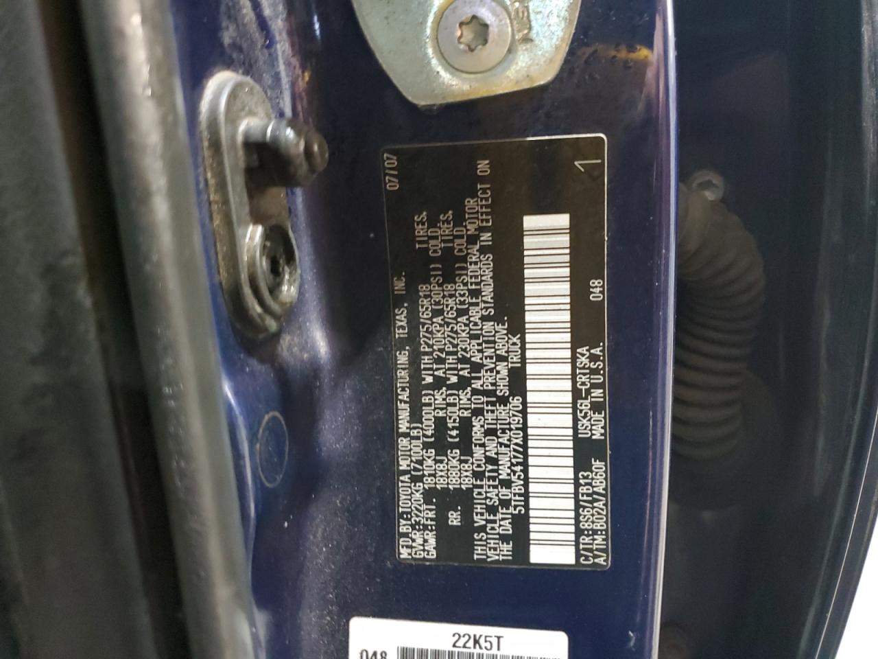 2007 Toyota Tundra Double Cab Sr5 VIN: 5TFBV54177X019706 Lot: 71402745