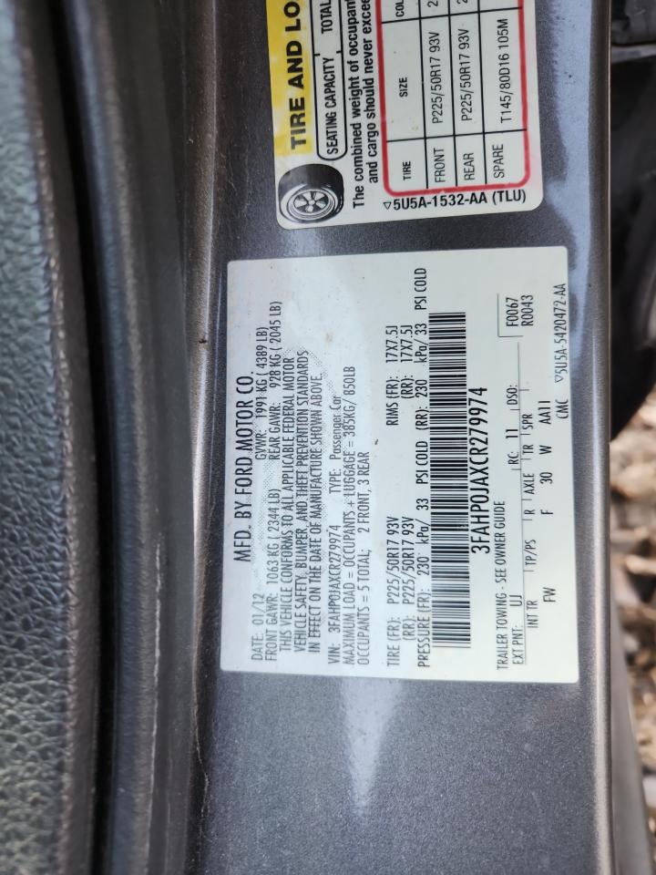 2012 Ford Fusion Sel VIN: 3FAHP0JAXCR279974 Lot: 84185935