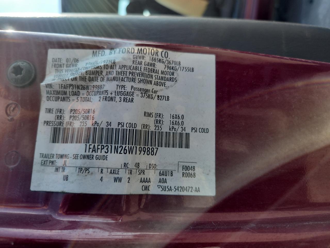 2006 Ford Focus Zx3 VIN: 1FAFP31N26W199887 Lot: 81635675