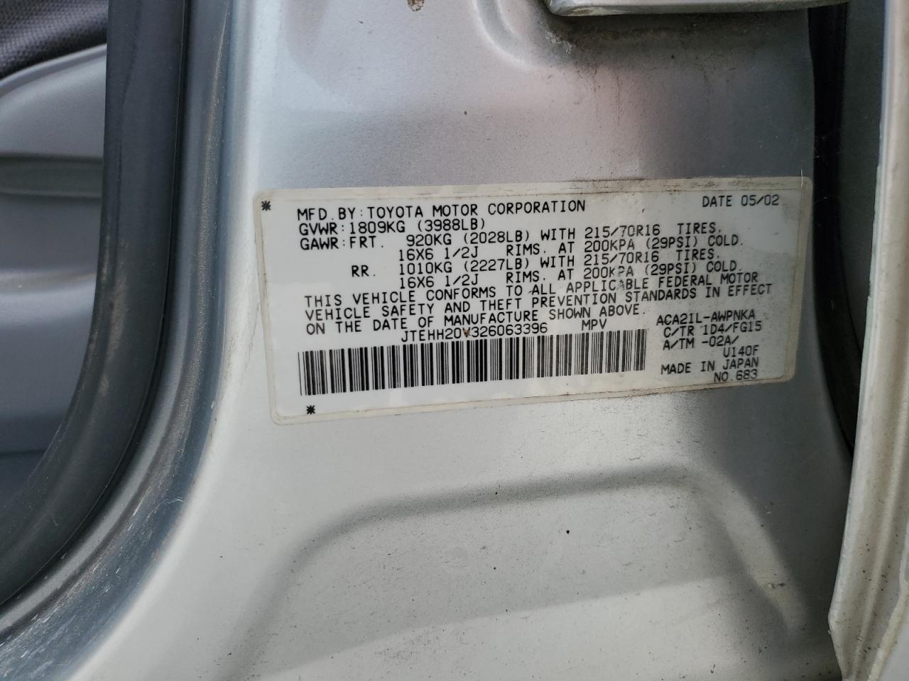 2002 Toyota Rav4 VIN: JTEHH20V326063396 Lot: 71163645