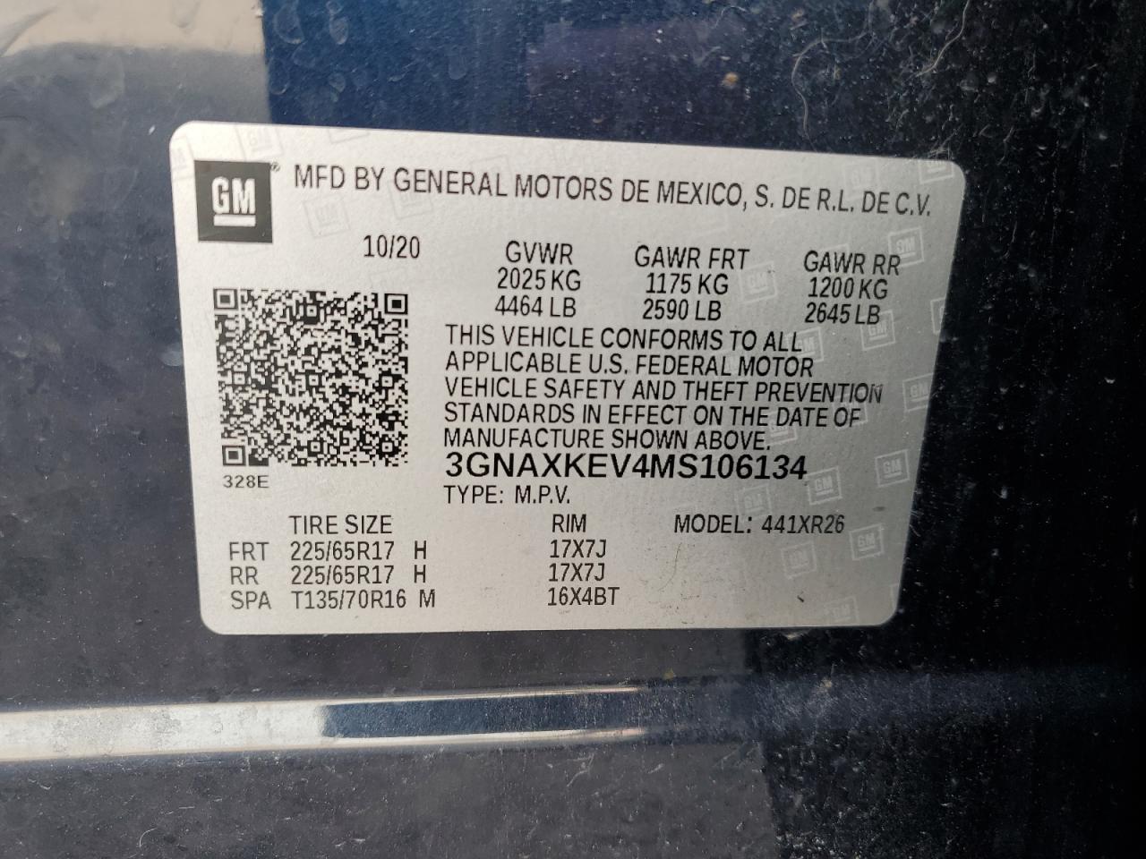 2021 Chevrolet Equinox Lt VIN: 3GNAXKEV4MS106134 Lot: 80658035